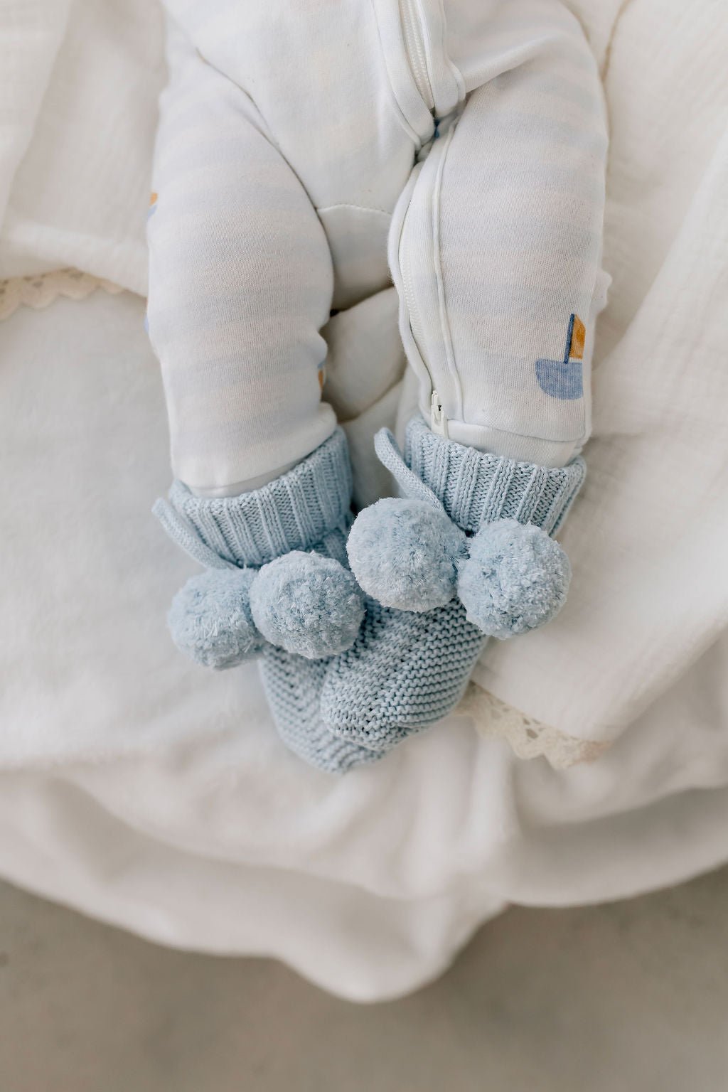 Knit Booties | Soft Blue Poms
