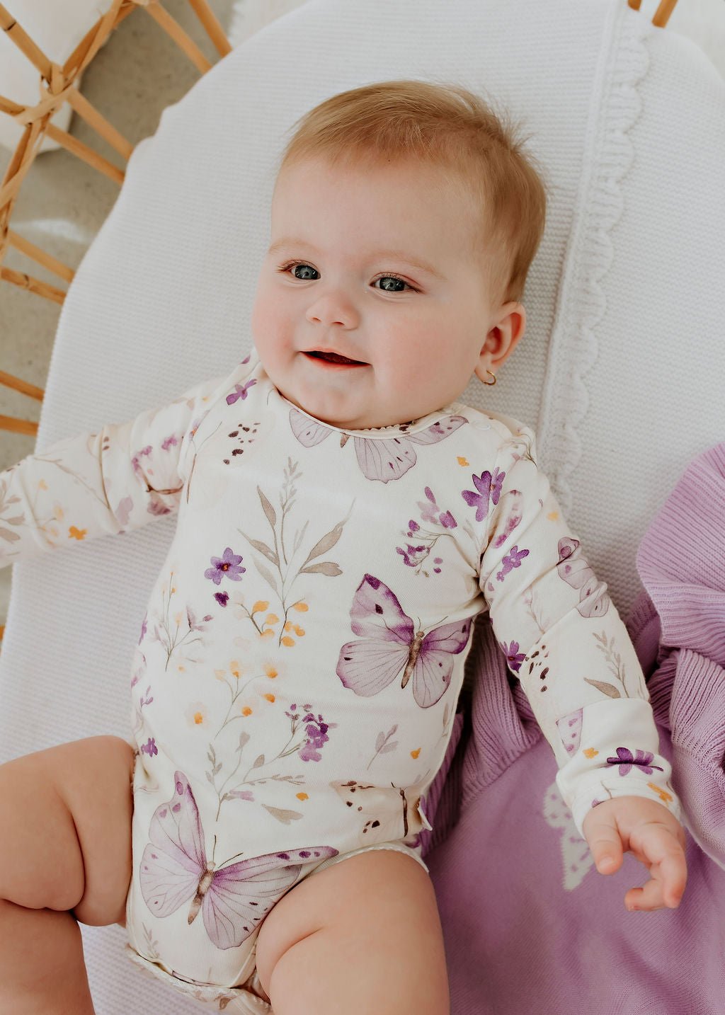 *Size Prem + NB left* Lilac Butterflies L/S Bodysuit