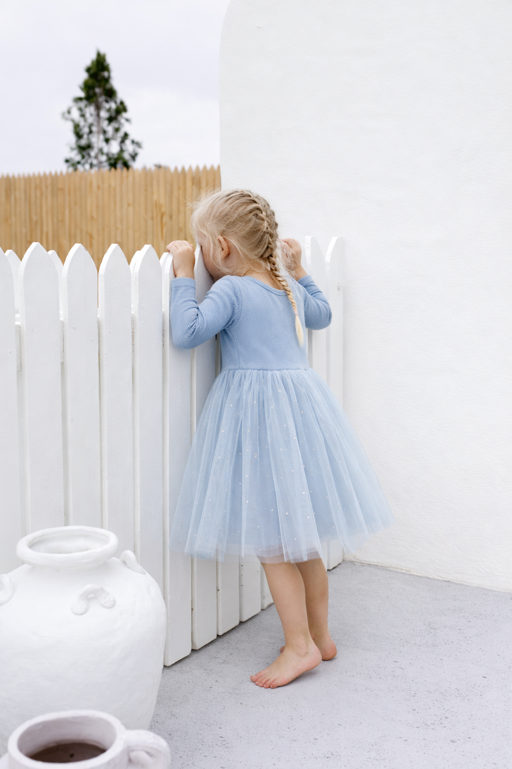 Dusty Blue Dots - Long Sleeve Tulle Dress